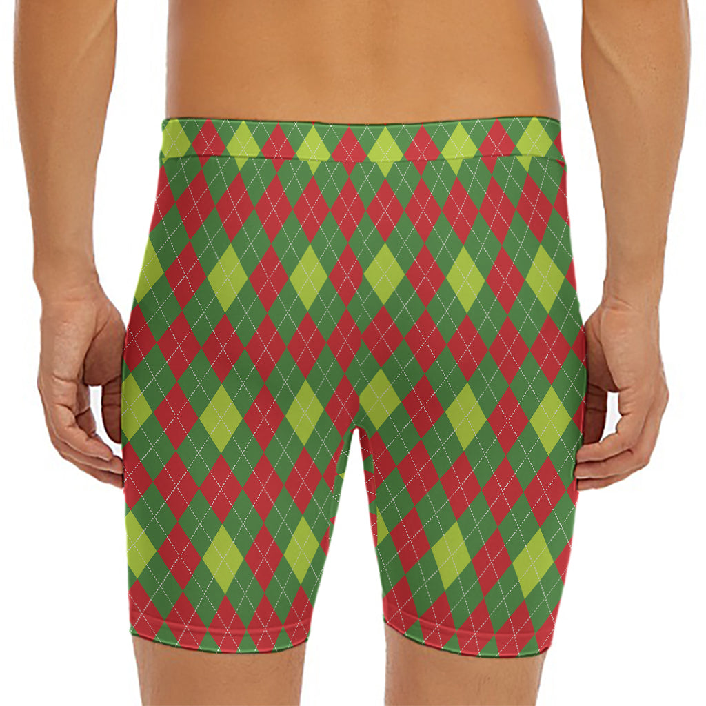 Green And Red Christmas Argyle Print Men's Long Boxer Briefs