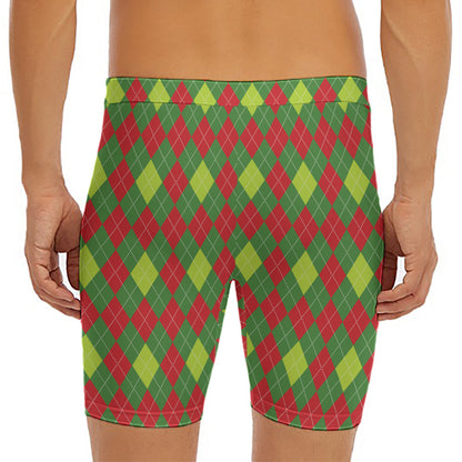 Green And Red Christmas Argyle Print Men's Long Boxer Briefs