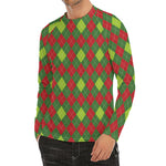 Green And Red Christmas Argyle Print Men's Long Sleeve Rash Guard