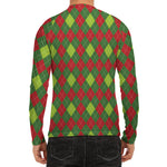 Green And Red Christmas Argyle Print Men's Long Sleeve Rash Guard