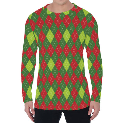 Green And Red Christmas Argyle Print Men's Long Sleeve T-Shirt