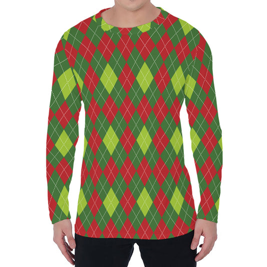 Green And Red Christmas Argyle Print Men's Long Sleeve T-Shirt