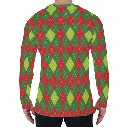 Green And Red Christmas Argyle Print Men's Long Sleeve T-Shirt