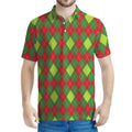 Green And Red Christmas Argyle Print Men's Polo Shirt