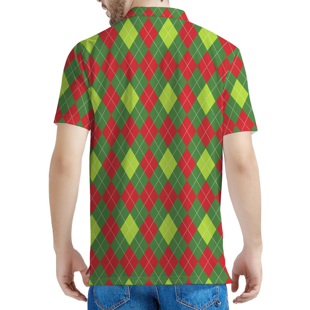 Green And Red Christmas Argyle Print Men's Polo Shirt