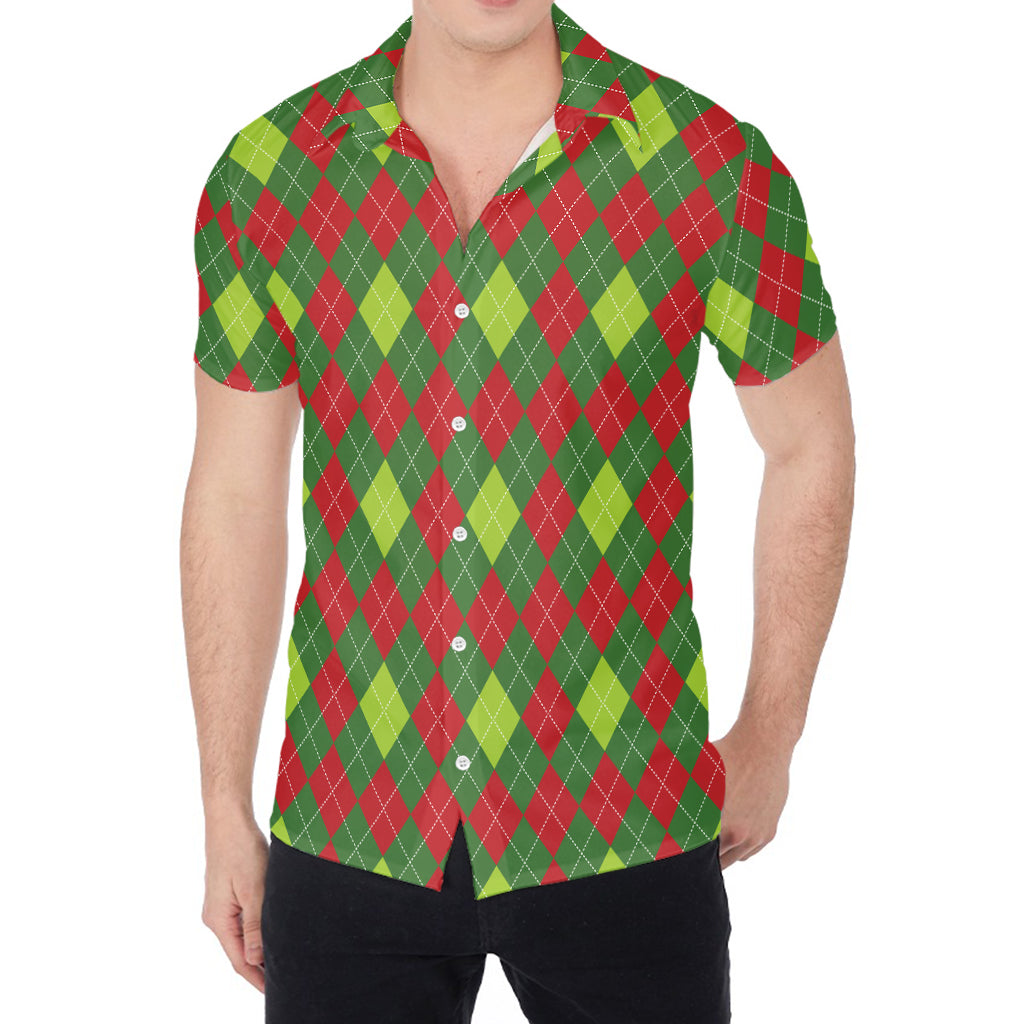 Green And Red Christmas Argyle Print Men's Shirt