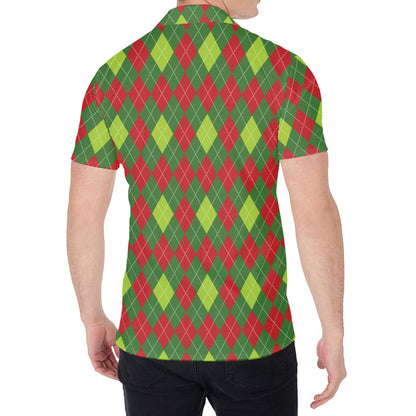 Green And Red Christmas Argyle Print Men's Shirt