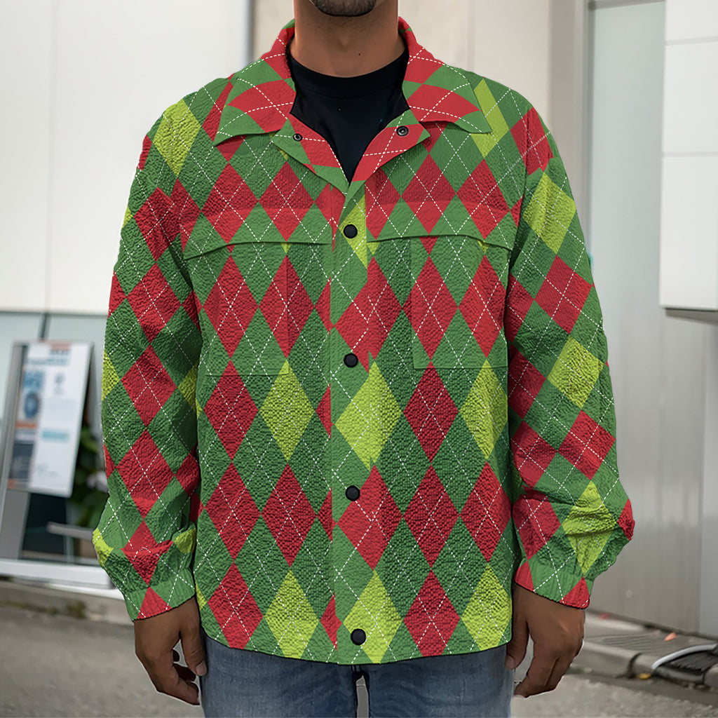 Green And Red Christmas Argyle Print Men's Shirt Jacket