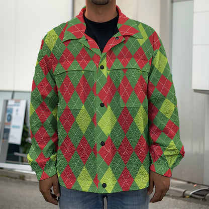 Green And Red Christmas Argyle Print Men's Shirt Jacket