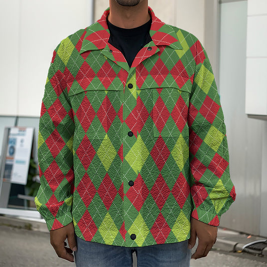 Green And Red Christmas Argyle Print Men's Shirt Jacket