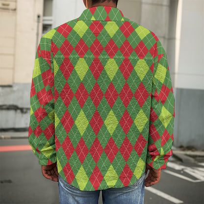 Green And Red Christmas Argyle Print Men's Shirt Jacket