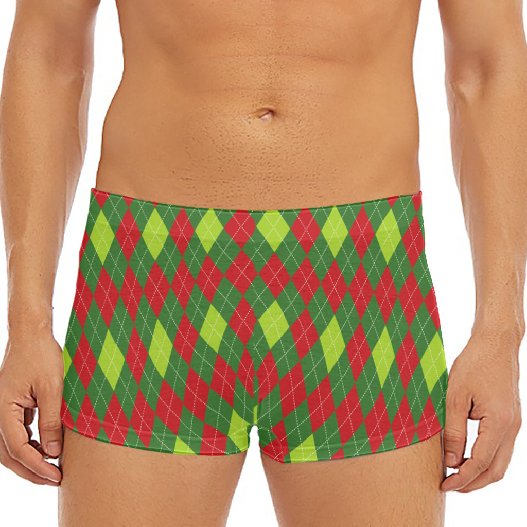 Green And Red Christmas Argyle Print Men's Short Boxer Briefs