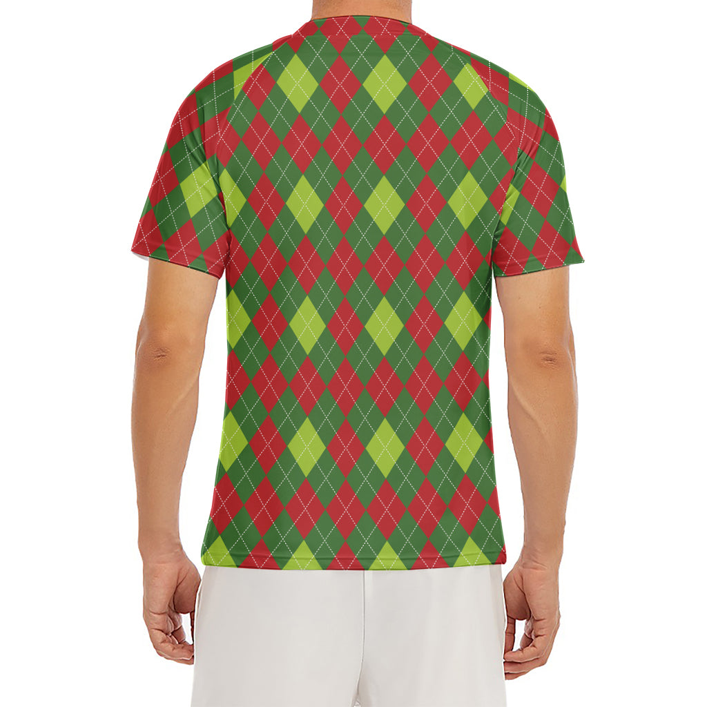 Green And Red Christmas Argyle Print Men's Short Sleeve Rash Guard