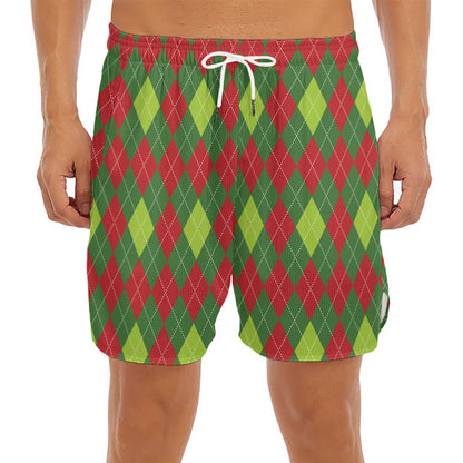 Green And Red Christmas Argyle Print Men's Split Running Shorts