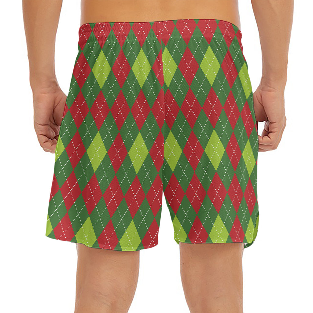 Green And Red Christmas Argyle Print Men's Split Running Shorts