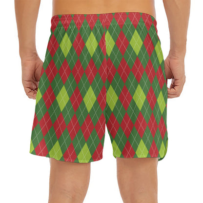 Green And Red Christmas Argyle Print Men's Split Running Shorts