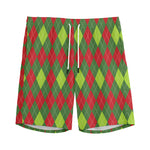 Green And Red Christmas Argyle Print Men's Sports Shorts