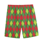 Green And Red Christmas Argyle Print Men's Sports Shorts