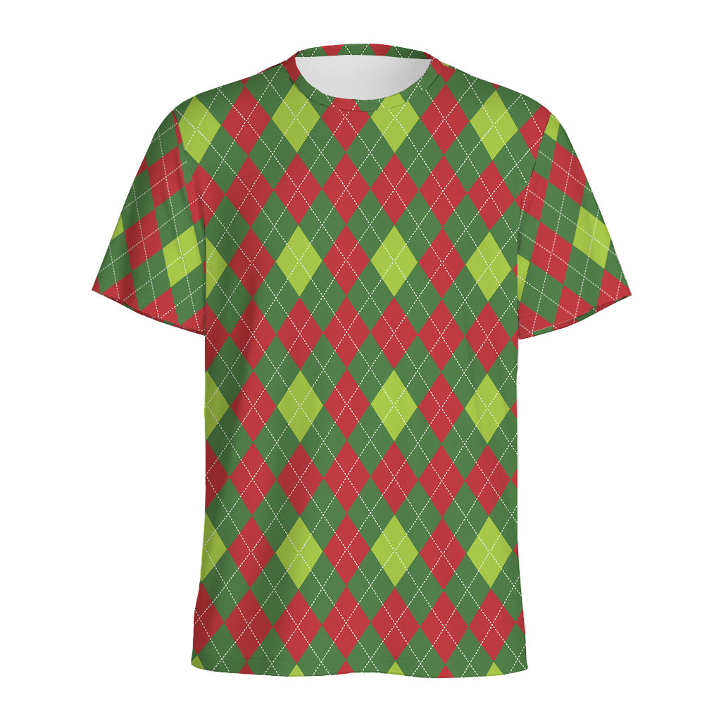 Green And Red Christmas Argyle Print Men's Sports T-Shirt
