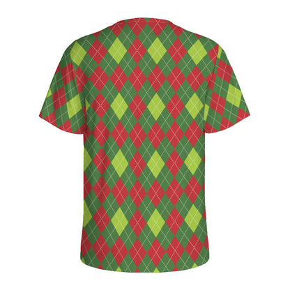 Green And Red Christmas Argyle Print Men's Sports T-Shirt