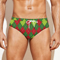 Green And Red Christmas Argyle Print Men's Swim Briefs