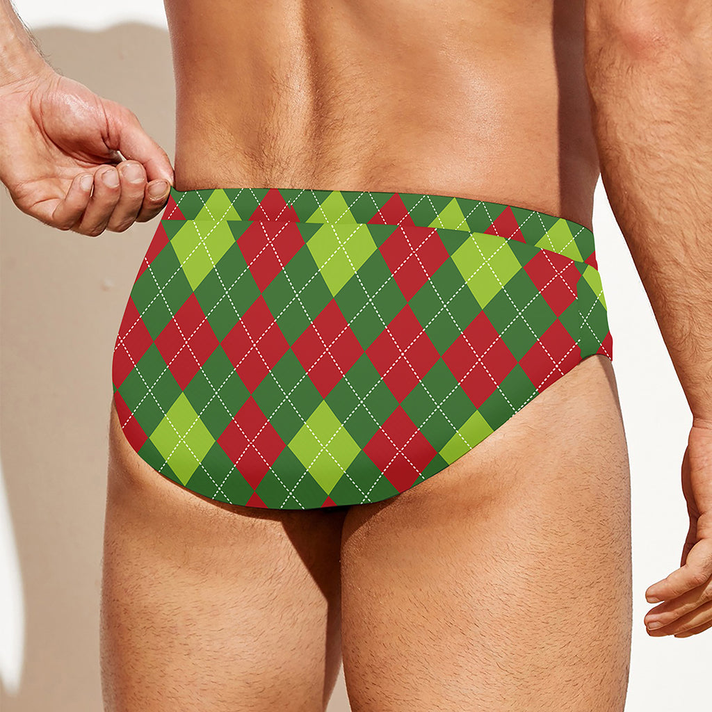Green And Red Christmas Argyle Print Men's Swim Briefs