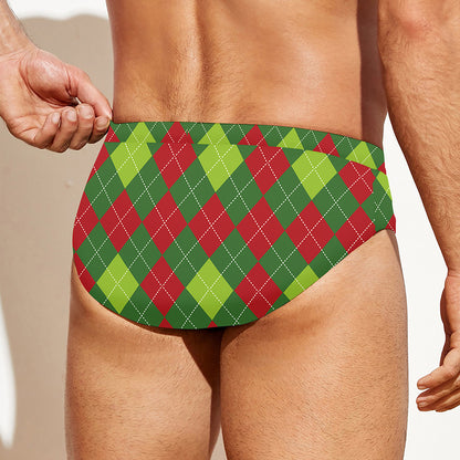 Green And Red Christmas Argyle Print Men's Swim Briefs