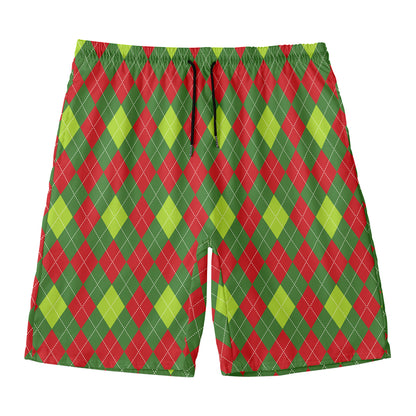 Green And Red Christmas Argyle Print Men's Swim Trunks