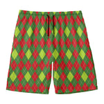 Green And Red Christmas Argyle Print Men's Swim Trunks