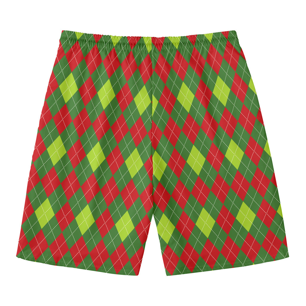Green And Red Christmas Argyle Print Men's Swim Trunks