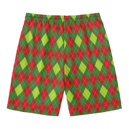 Green And Red Christmas Argyle Print Men's Swim Trunks