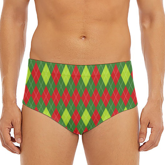 Green And Red Christmas Argyle Print Men's Triangle Swim Briefs