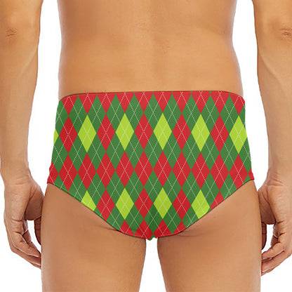 Green And Red Christmas Argyle Print Men's Triangle Swim Briefs
