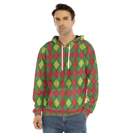 Green And Red Christmas Argyle Print Men's Velvet Pullover Hoodie