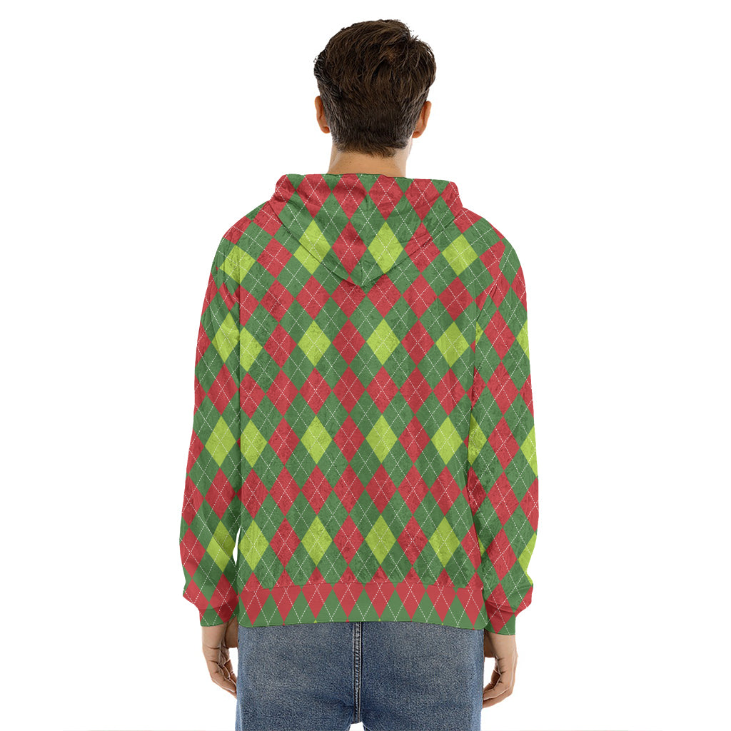Green And Red Christmas Argyle Print Men's Velvet Pullover Hoodie