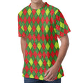 Green And Red Christmas Argyle Print Men's Velvet T-Shirt