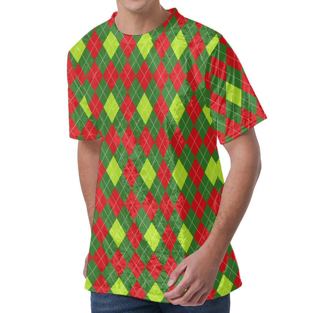 Green And Red Christmas Argyle Print Men's Velvet T-Shirt