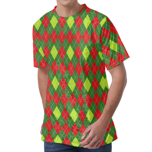 Green And Red Christmas Argyle Print Men's Velvet T-Shirt