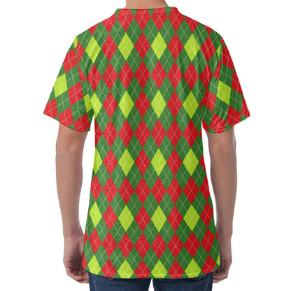 Green And Red Christmas Argyle Print Men's Velvet T-Shirt