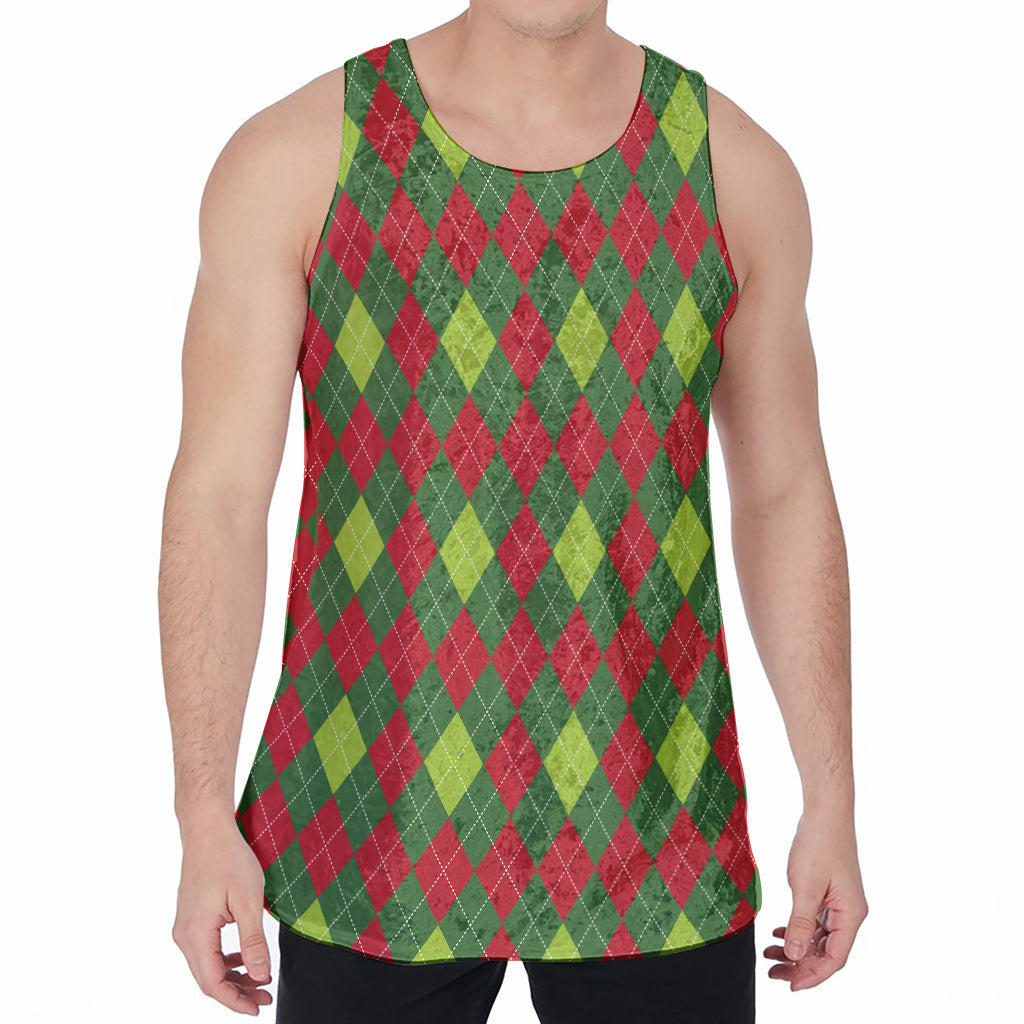 Green And Red Christmas Argyle Print Men's Velvet Tank Top