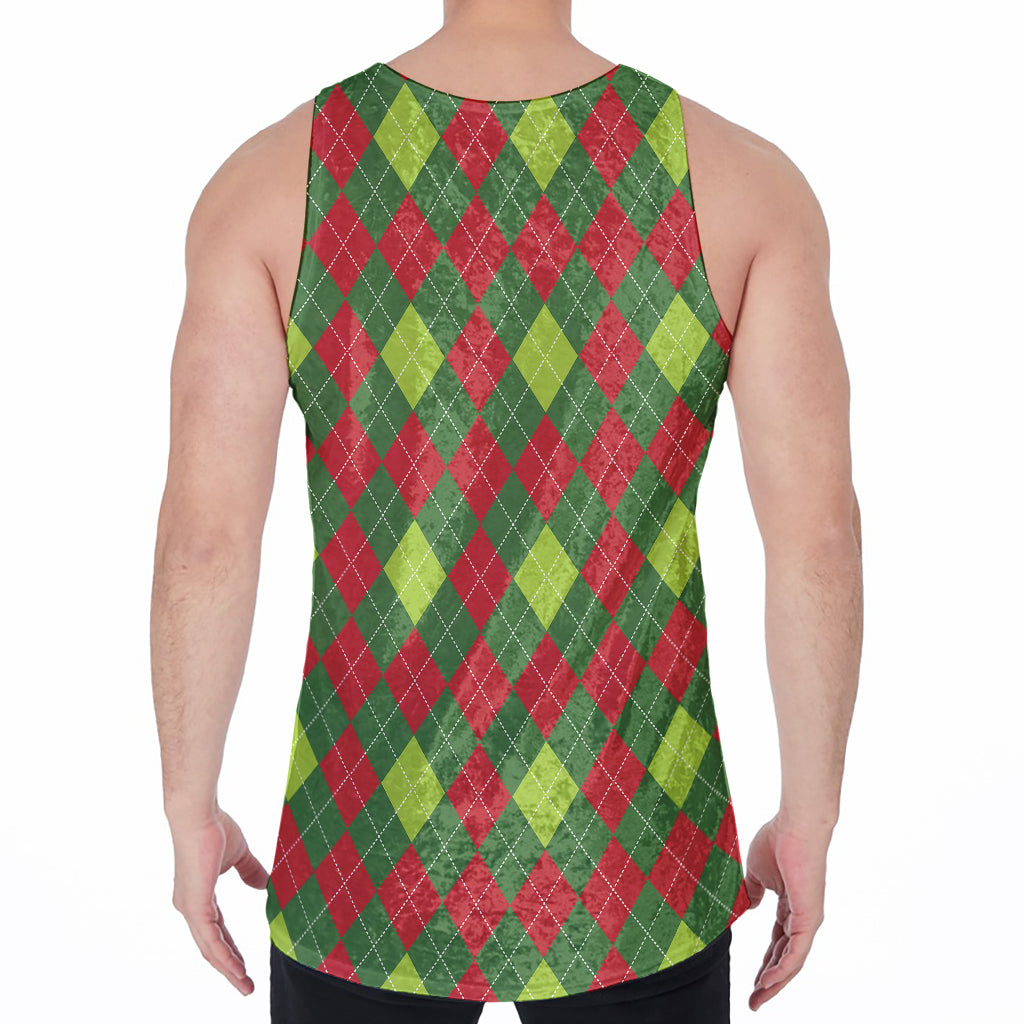Green And Red Christmas Argyle Print Men's Velvet Tank Top