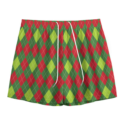 Green And Red Christmas Argyle Print Mesh Shorts
