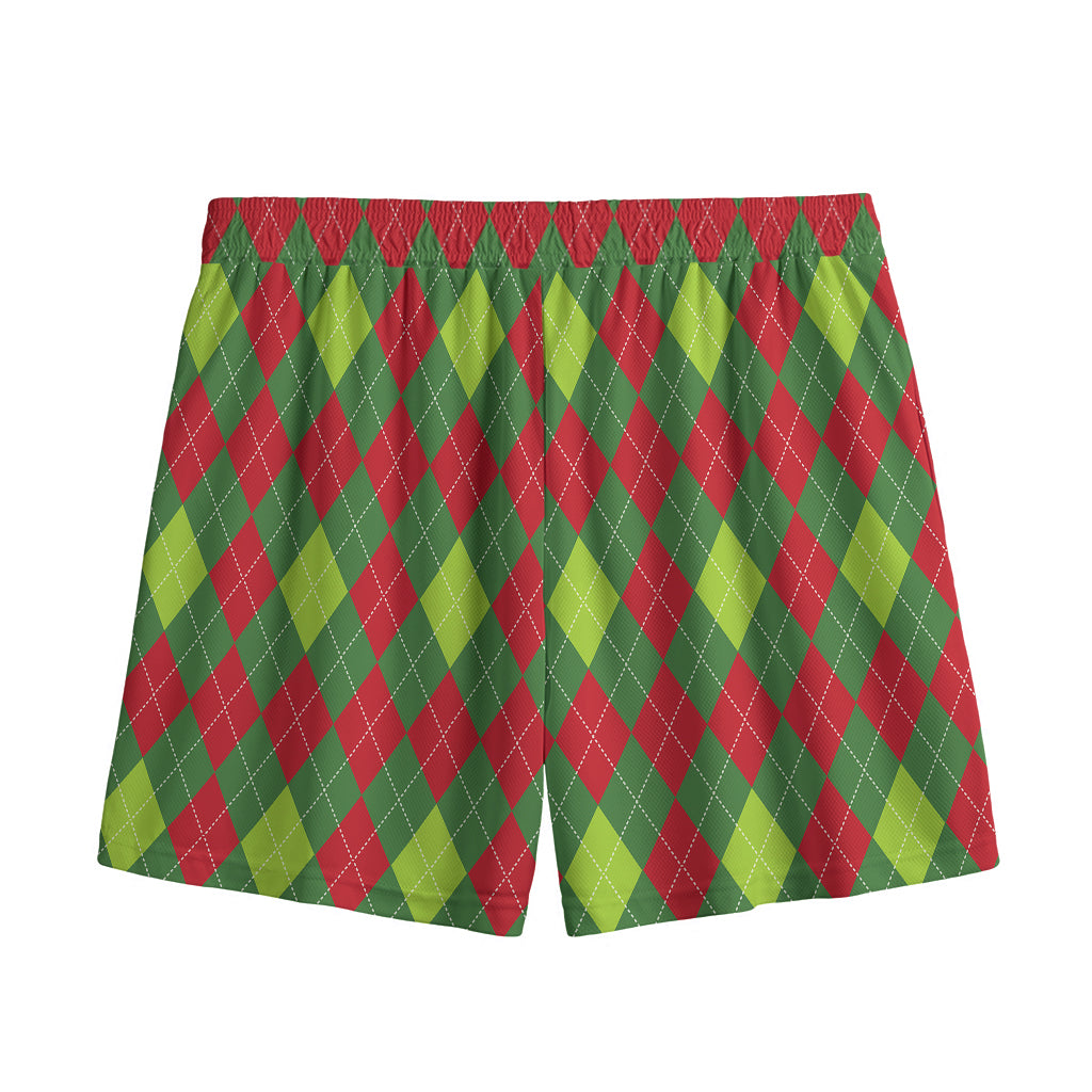 Green And Red Christmas Argyle Print Mesh Shorts