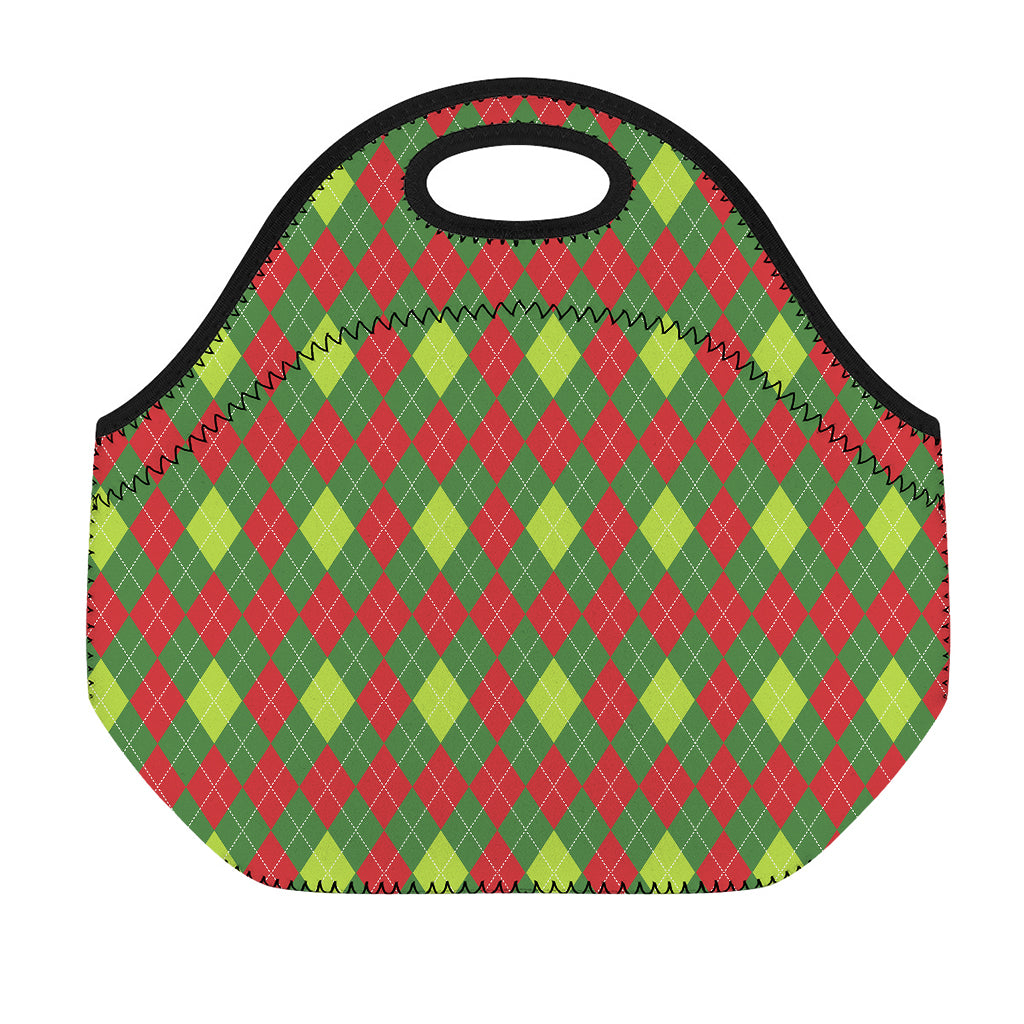 Green And Red Christmas Argyle Print Neoprene Lunch Bag