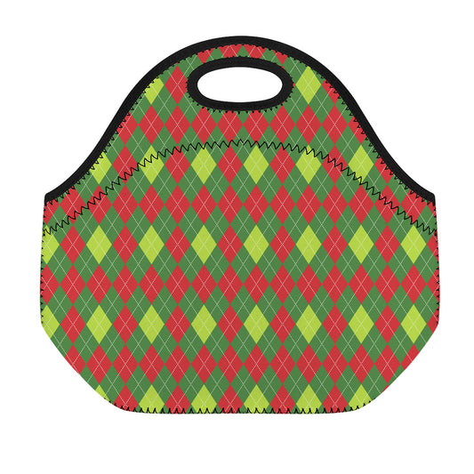 Green And Red Christmas Argyle Print Neoprene Lunch Bag