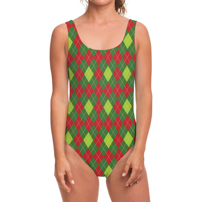 Green And Red Christmas Argyle Print One Piece Swimsuit