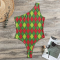 Green And Red Christmas Argyle Print One Shoulder Bodysuit