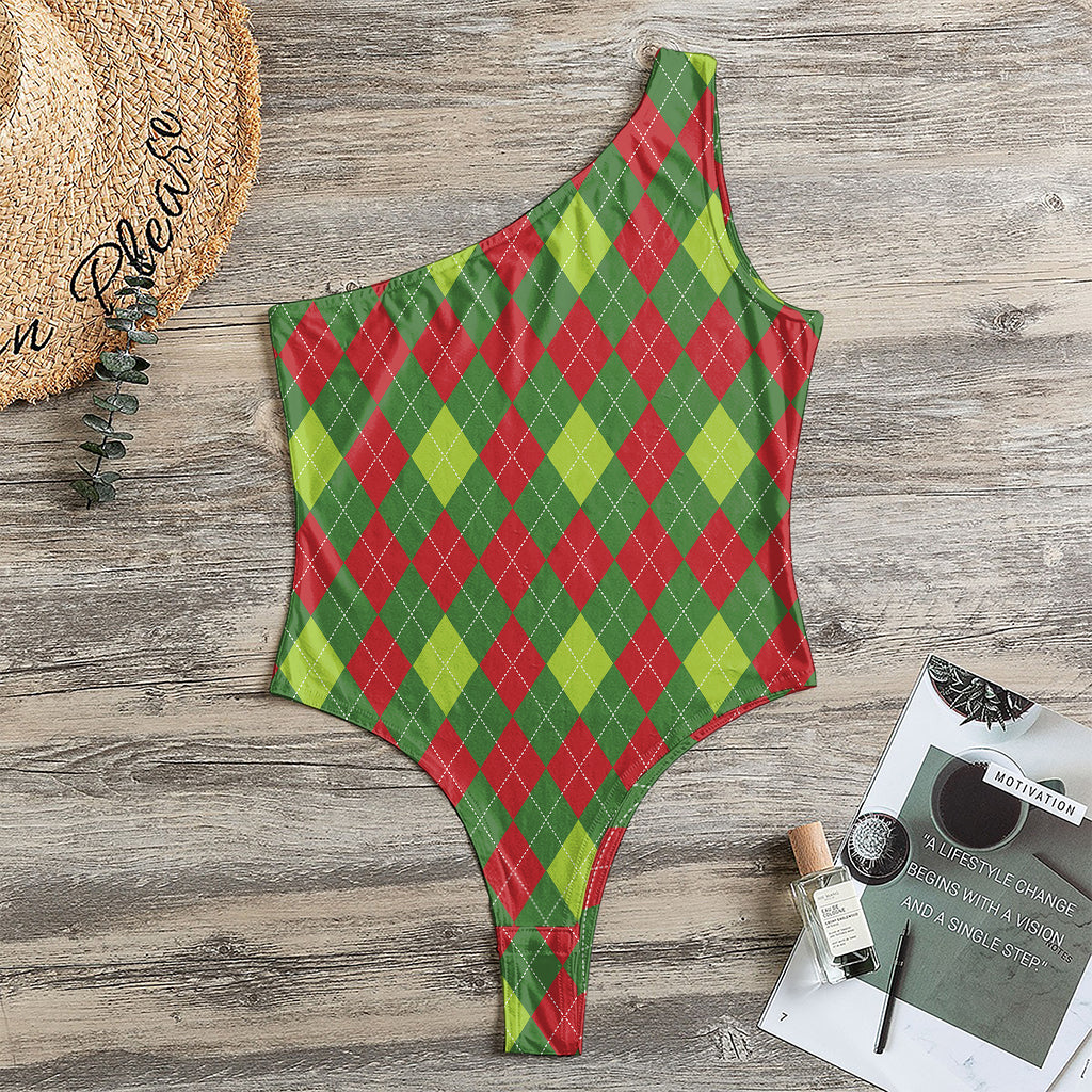 Green And Red Christmas Argyle Print One Shoulder Bodysuit