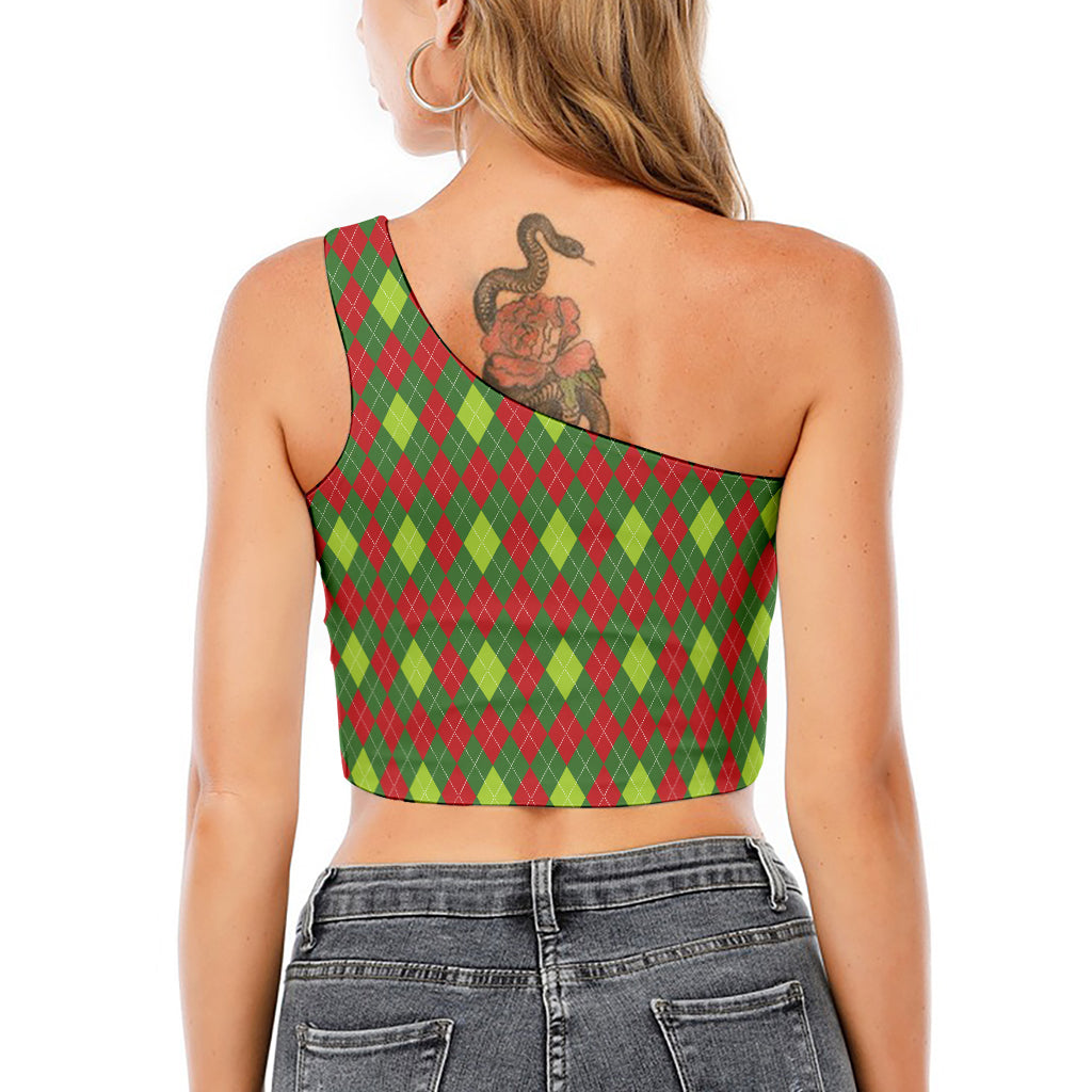 Green And Red Christmas Argyle Print One Shoulder Crop Top
