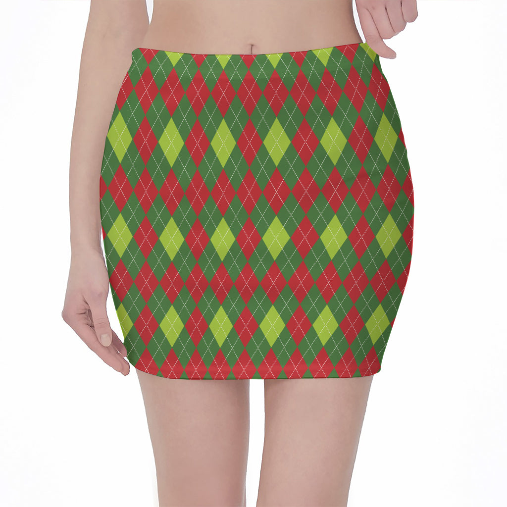 Green And Red Christmas Argyle Print Pencil Mini Skirt